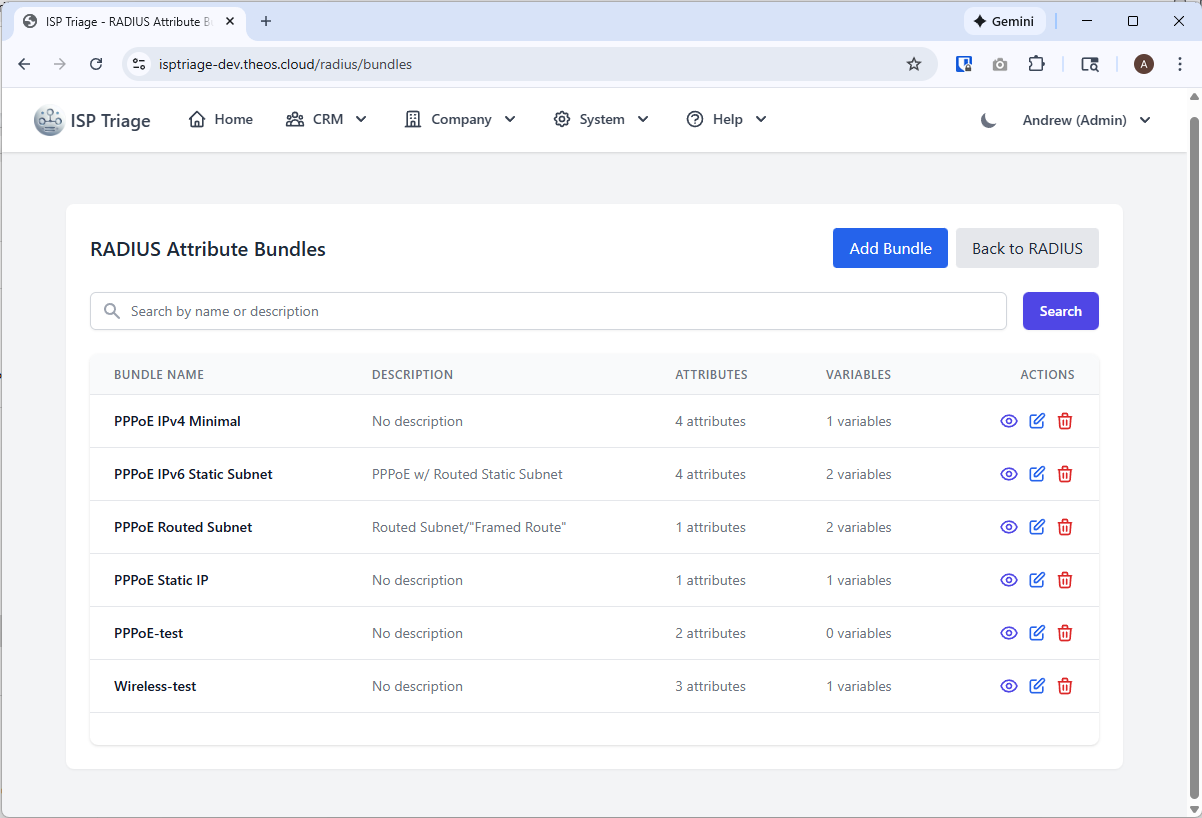 RADIUS Attribute Bundles Management Interface